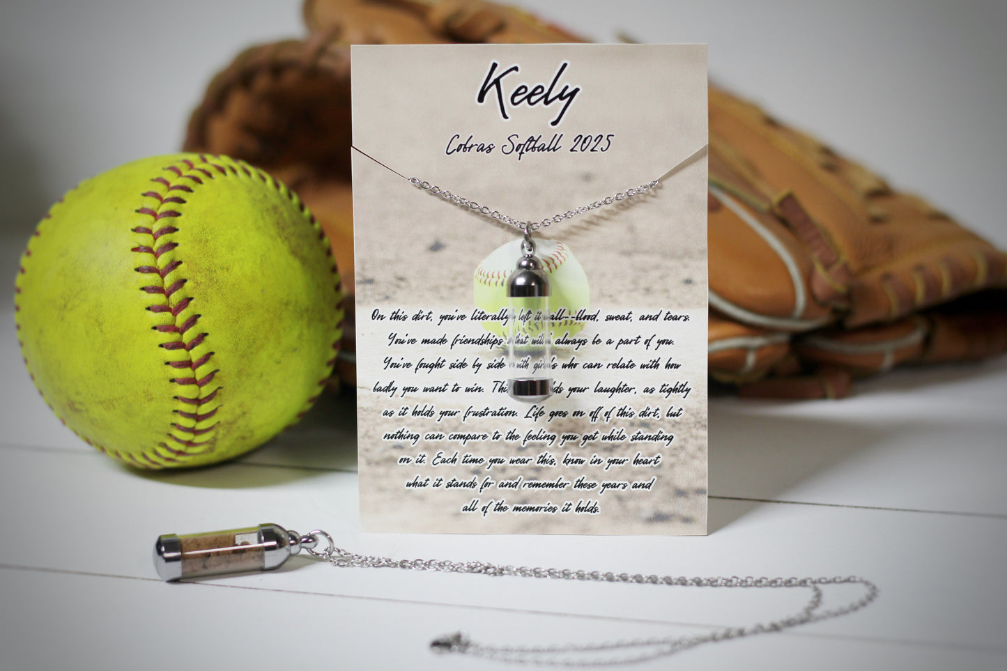 Jar of Dirt SOFTBALL Necklace with Personalized Card, On This Dirt Quote Poem, Keepsake Memory Sentimental Senior Gift, Team Gifts Softball