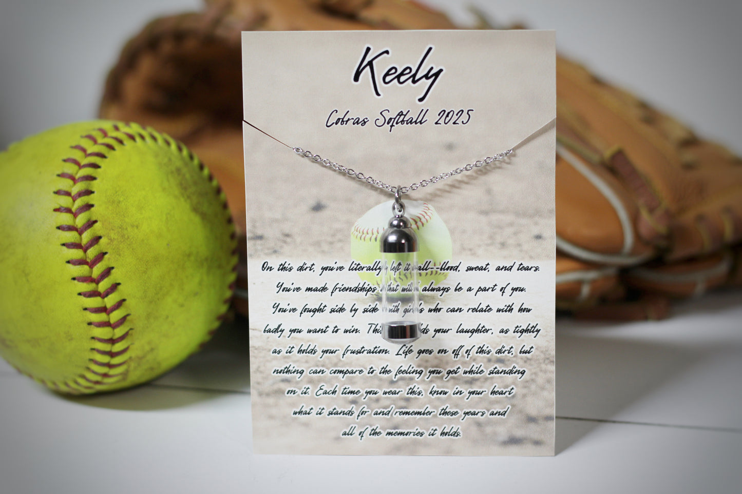 Jar of Dirt SOFTBALL Necklace with Personalized Card, On This Dirt Quote Poem, Keepsake Memory Sentimental Senior Gift, Team Gifts Softball