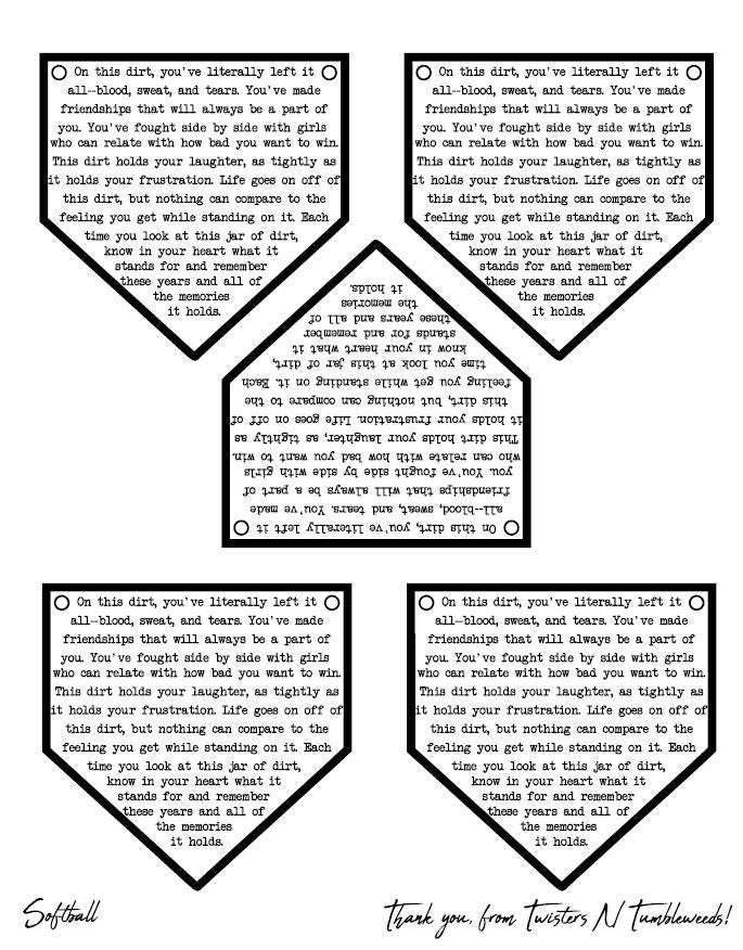 Jar of Dirt SOFTBALL Girls Team Printable Instant Download Digital Art Motivational Memory Sentimental Quote Sign Senior Gift