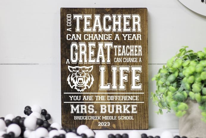 Teacher Gift Wood Sign, End of Year Gift for Teacher A Good Teacher Can Change a Year a Great Teacher Can Change a Life Teacher Appreciation